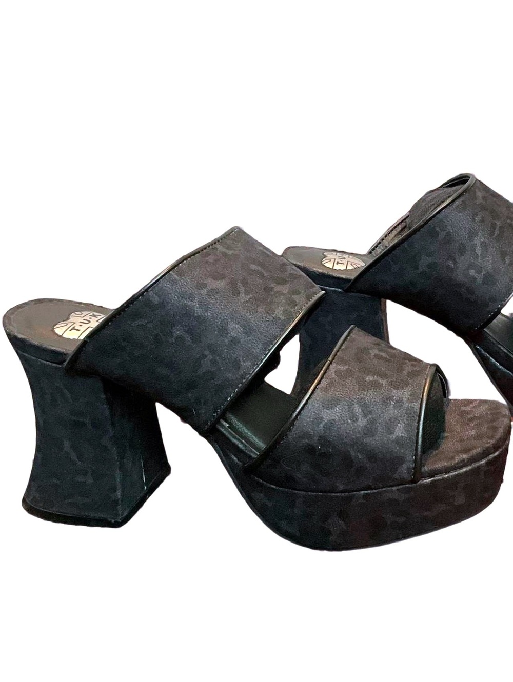 T.U.K Black Leopard Strap Sandal Marley Platform Heel size 9